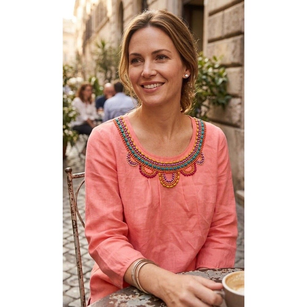 Boden NWT 100% Linen Women's Peach Beaded Blouse Size 14